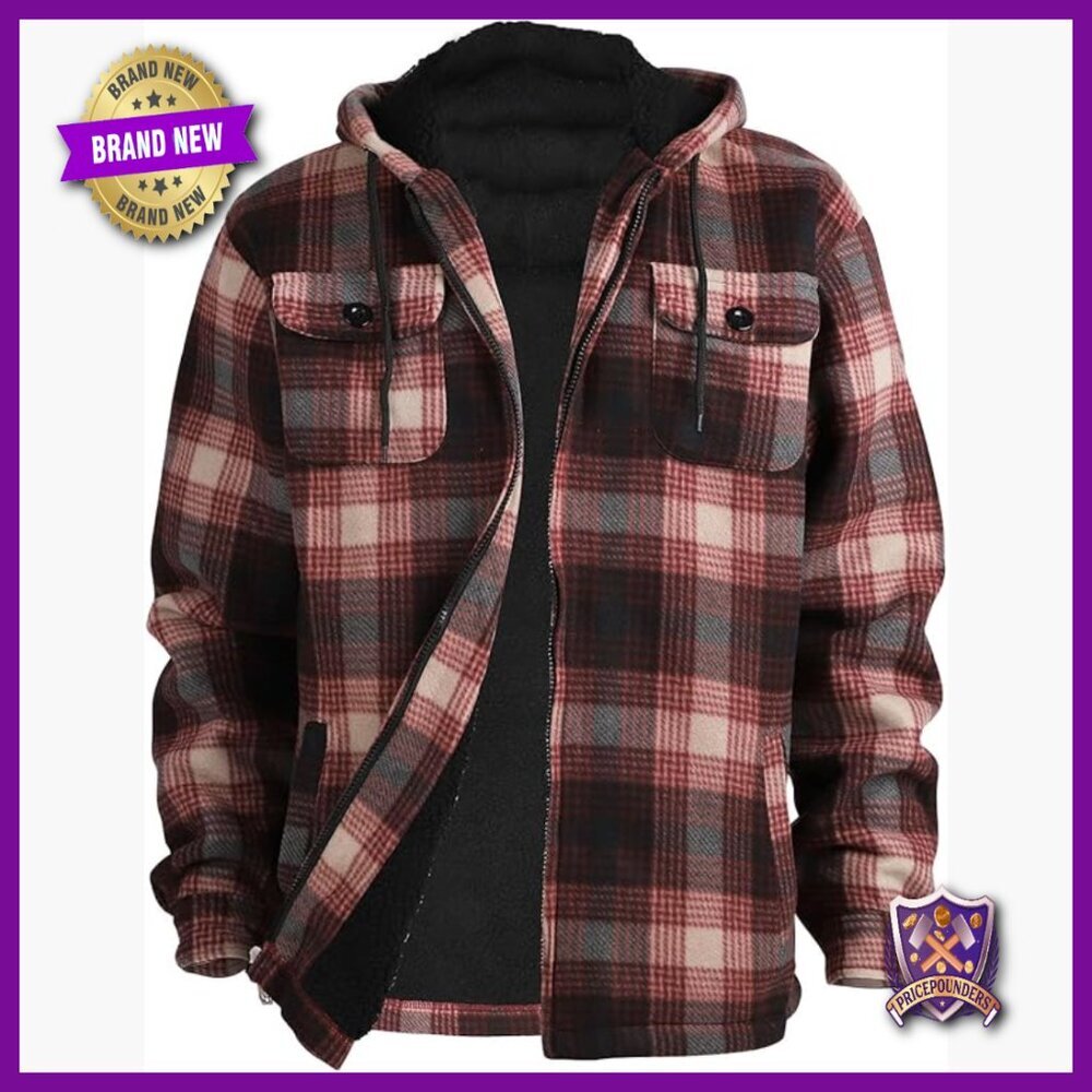 Men's Heavyweight Sherpa-Lined Fleece Jacket with Hood and Pockets